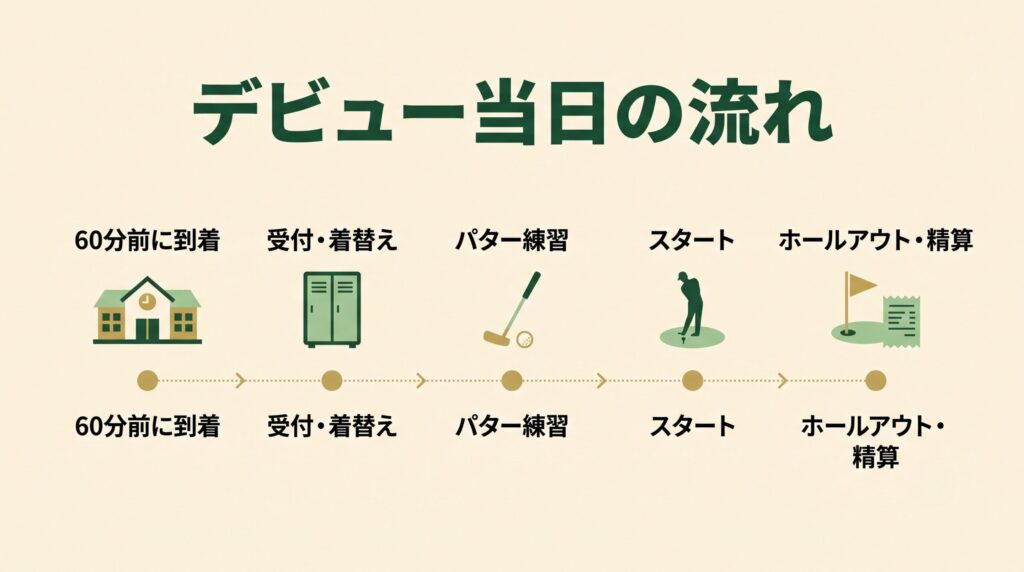 ゴルフ場デビュー当日の到着からホールアウトまでのタイムライン図解