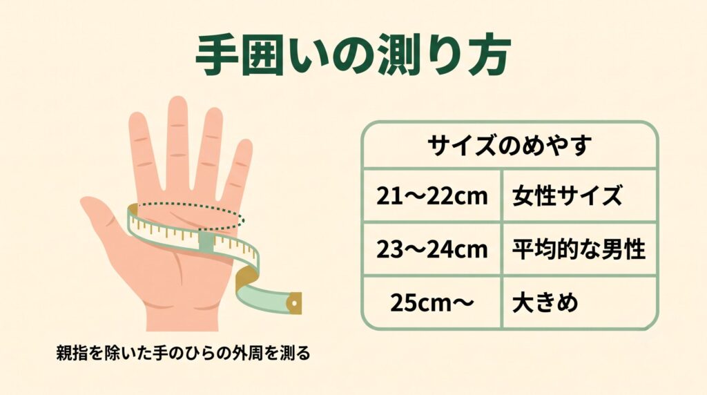 ゴルフグローブの手囲いの測り方とサイズ対応早見表の図解