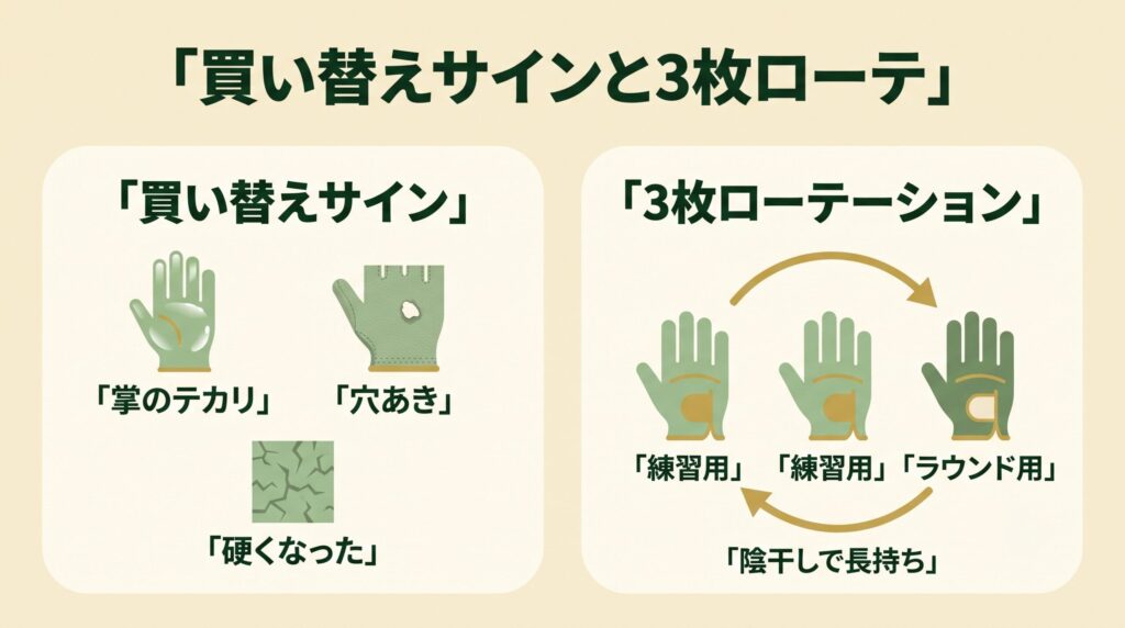 ゴルフグローブの買い替えサインとローテーション管理の図解