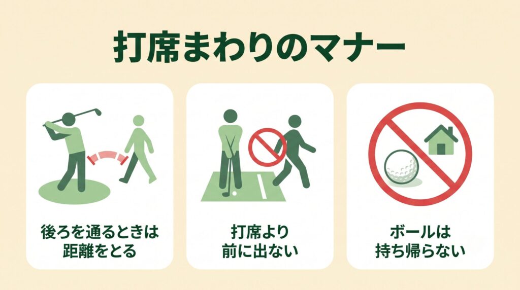 打ちっぱなしの打席まわりで気をつけるマナーをまとめた図解