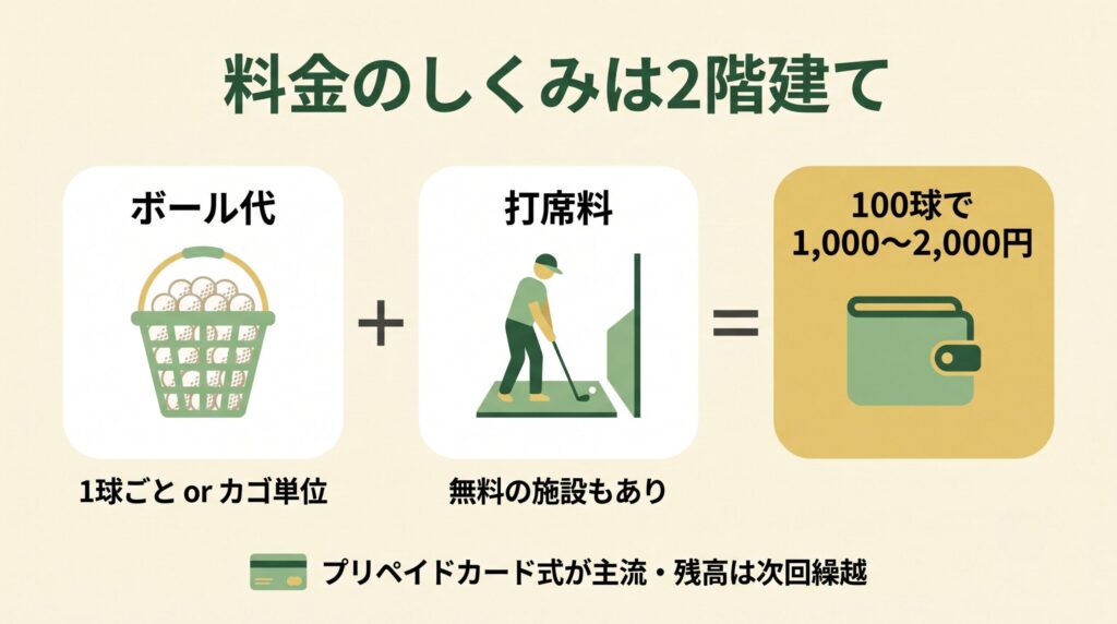 打ちっぱなしの料金システム(ボール代と打席料)の仕組みを説明した図解