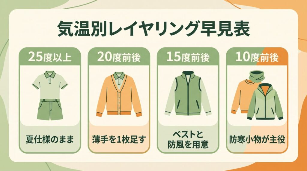 秋ゴルフの気温別レイヤリング(重ね着)早見表の図解