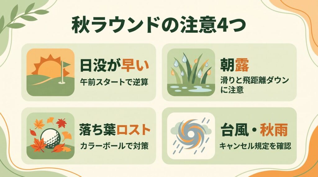 秋ゴルフの注意点4つ(日没・朝露・落ち葉・台風)の図解