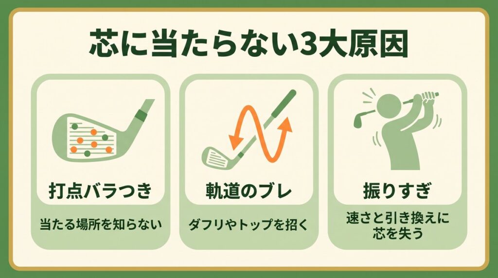 ミート率が上がらない3大原因(打点のばらつき・軌道のブレ・振りすぎ)の図解