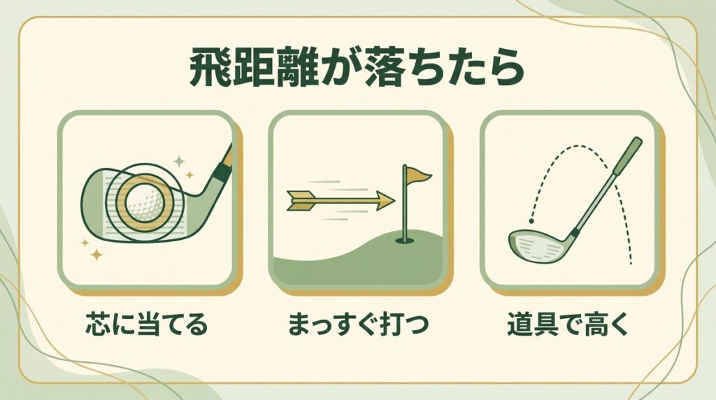 飛距離が落ちたときの3つの寄せ方(ミート率・方向性・道具で高弾道)の図解
