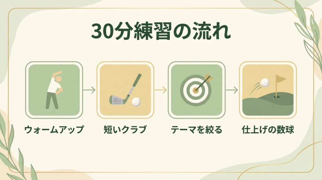 30分練習メニューの流れ(ウォームアップ・短いクラブ・1テーマ練習・仕上げの数球)の図解