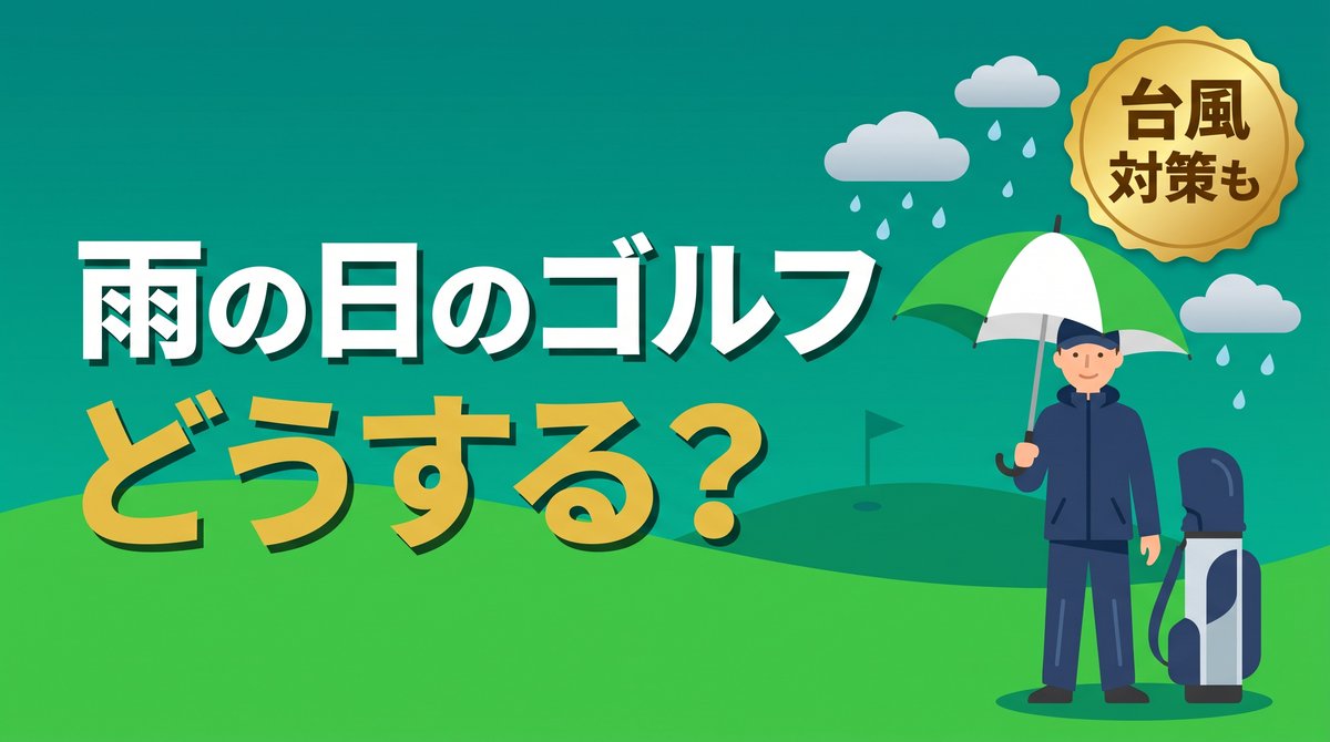 雨の日のゴルフはどうする?レインウェアを着て傘をさしたゴルファーのイラスト