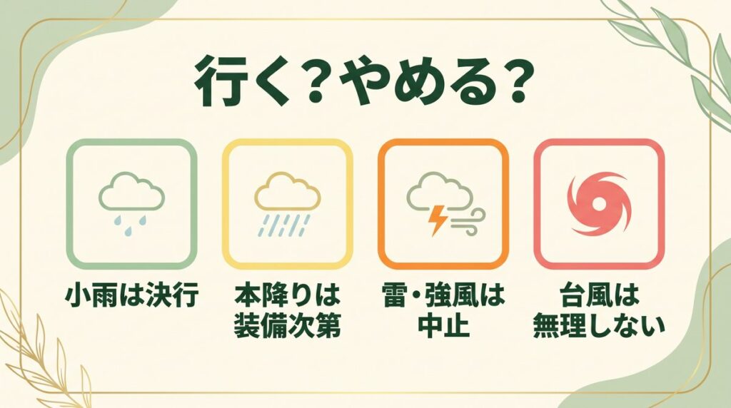 雨の日ゴルフに行くかやめるかの判断目安(小雨・本降り・雷や強風・台風接近)の図解