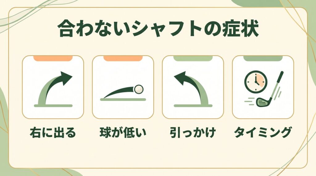 シャフトが硬すぎる・柔らかすぎるときに起きやすい症状(右へのミス・低い弾道・引っかけ・タイミングのずれ)の図解