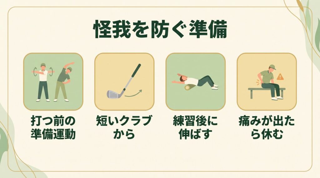 ゴルフの怪我を防ぐ準備(打つ前のウォームアップ・短いクラブから・練習後のストレッチ・痛みが出たら休む)の図解