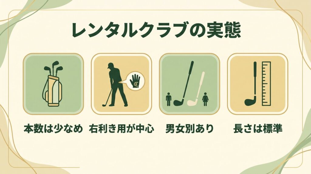 レンタルクラブの実態(本数は少なめ・右利き用が中心・男女別がある・長さは標準)の図解