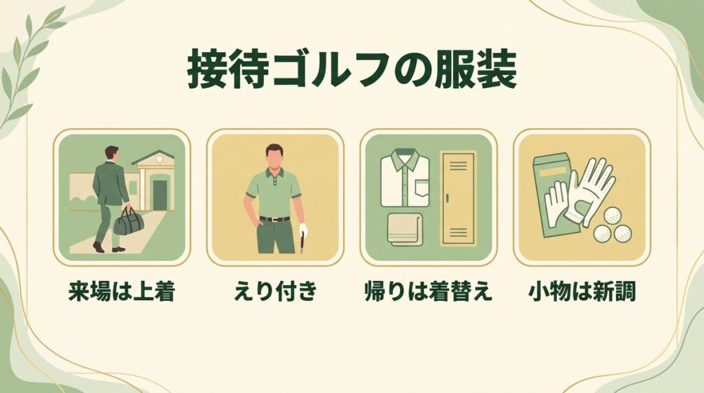接待ゴルフの服装と持ち物(来場はジャケット・ラウンドはえり付き・帰りは着替え・小物は新調)の図解