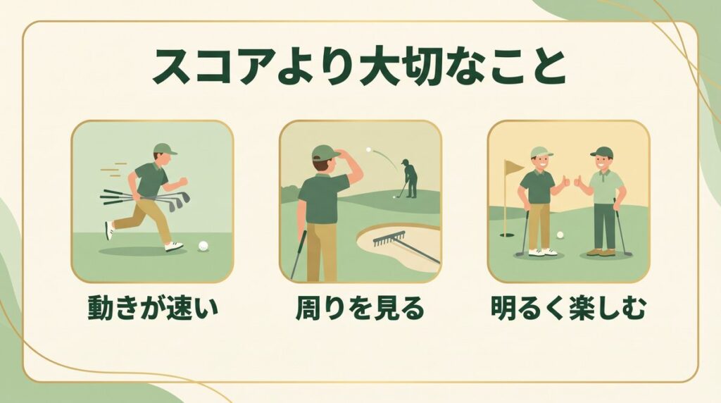 スコアが悪くても評価される3つのこと(動きが速い・周りをよく見る・明るく楽しむ)の図解