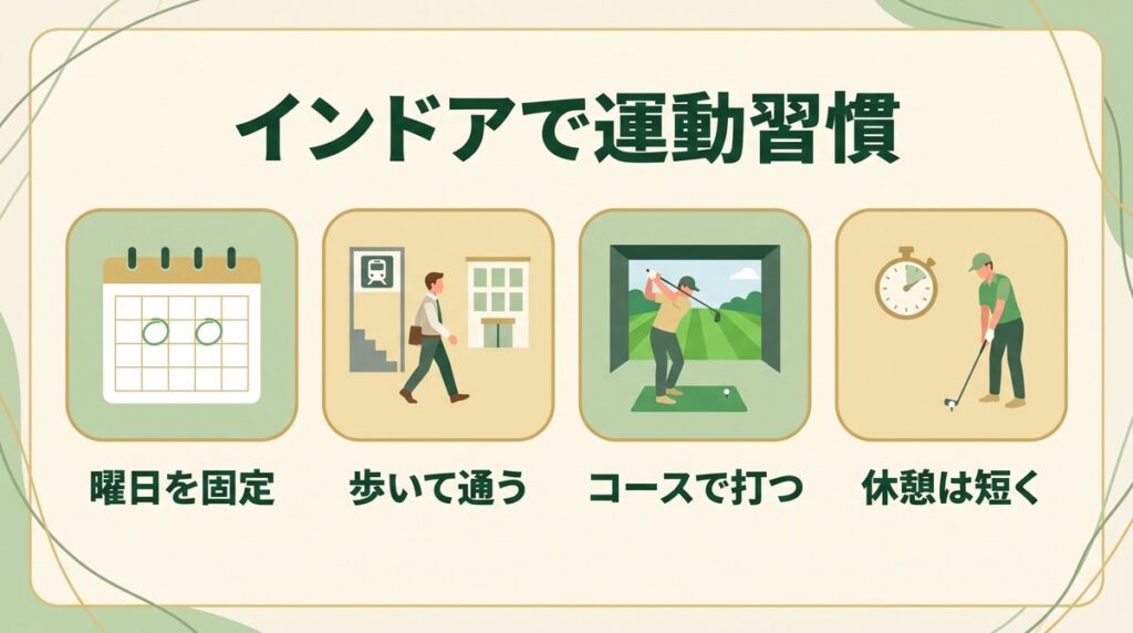都市部インドアで週2の運動習慣を作るコツ(曜日を固定・施設まで歩く・コースモード・休憩は短く)の図解