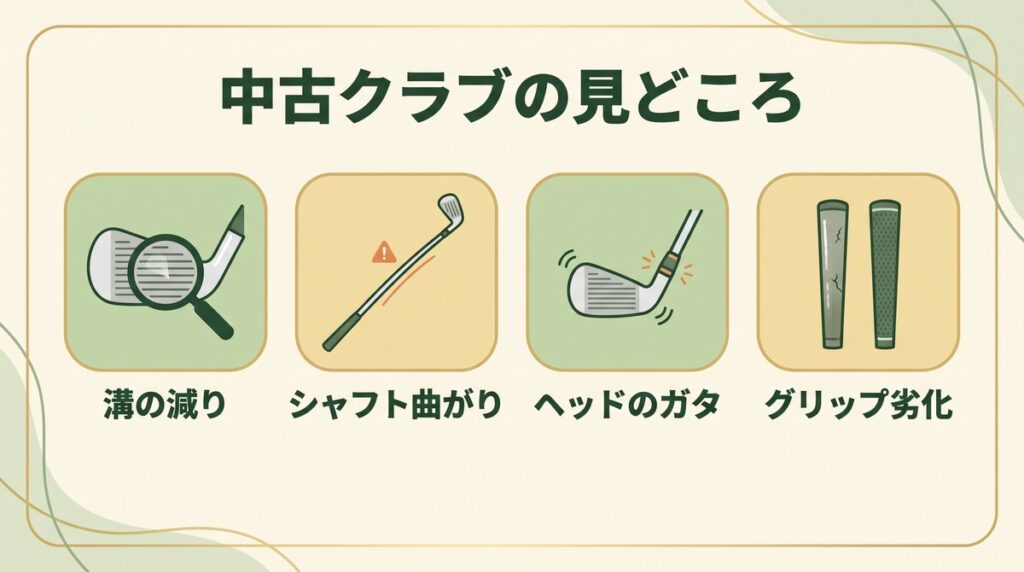 中古クラブの状態チェック(フェースの溝・シャフトの曲がり・ヘッドのガタ・グリップの劣化)の図解